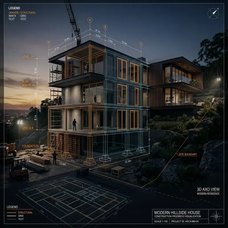 Stunning Hillside Architectural Blueprint Render